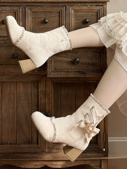 Apricot Lace-Up Round Toe Bow-Adorned Sweet Lolita Ankle Boots - Magic Peach