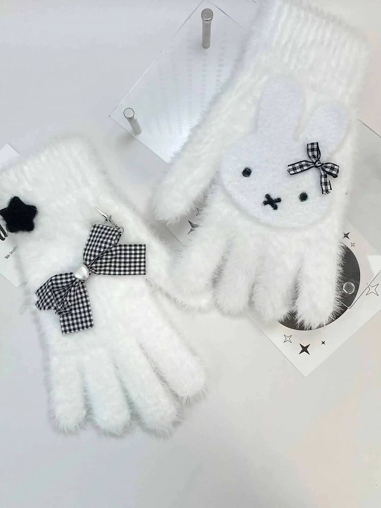 Cute and Miffy Gloves Pattern Plush Star Black/White with