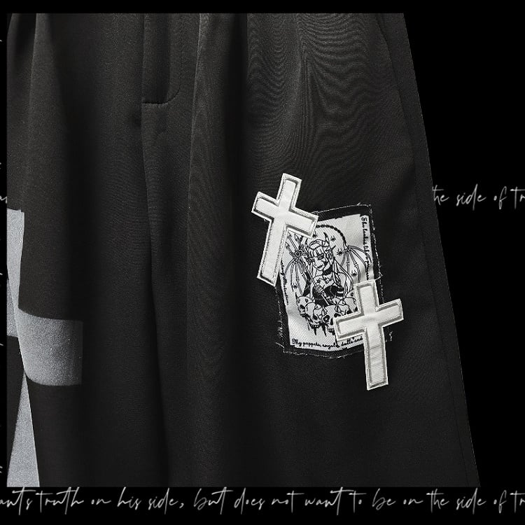 Black Cross Appliques Wide-Leg Pants Y2K