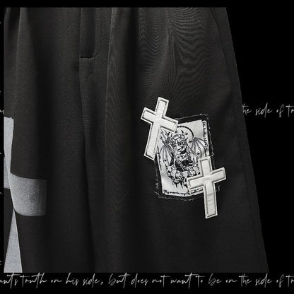 Black Cross Appliques Wide-Leg Pants Y2K