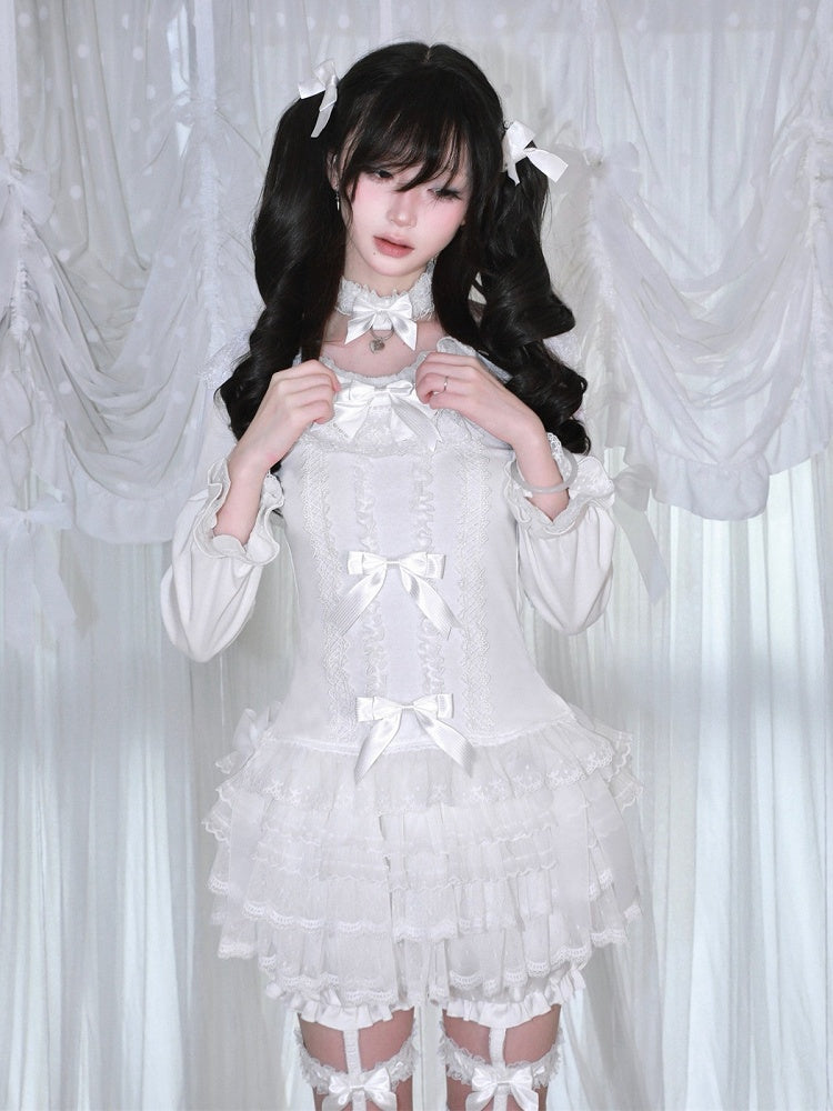 Long-Sleeved White Lace Bow-Embellished Blouse with Coordinating Choker - HBreaker