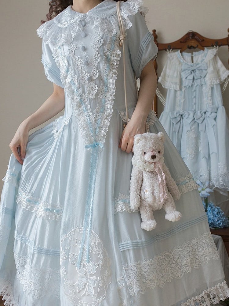 Blue Peter Pan Collar Lolita Long Dress with Lace and Embroidery