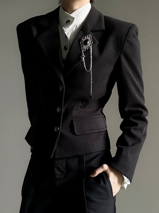 Design with Front - Notched Cinching Black Waist Collar Button Blazer Prince