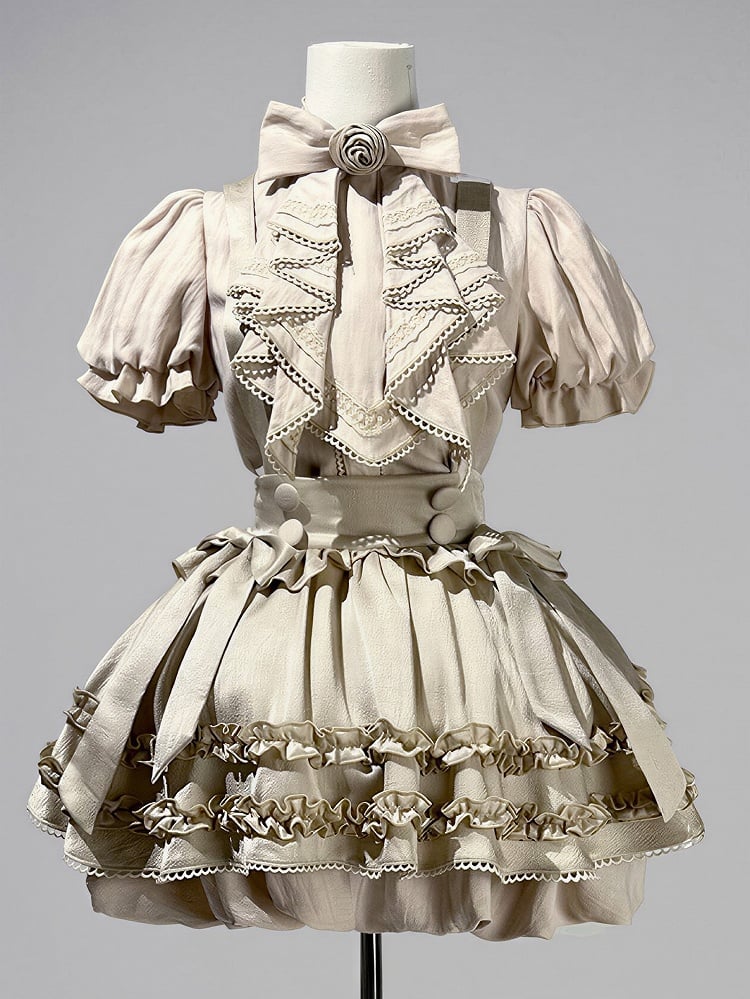 Sweet Blouse and Ruffle Bubble Skirt Set with Cross Straps - Unknown Star