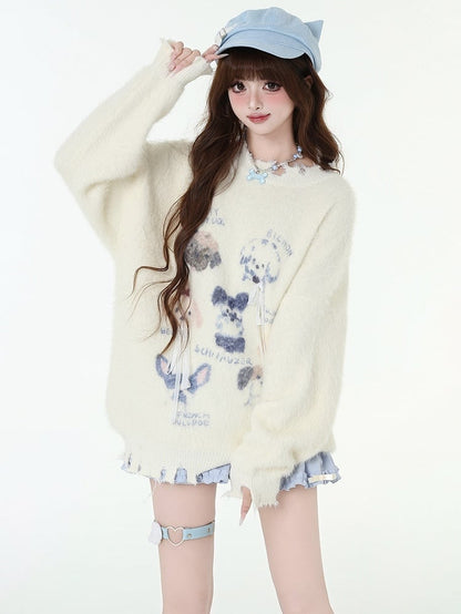 キュートな子犬のダメージトリム アプリコット コージーセーター