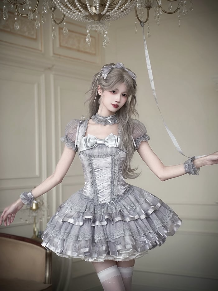 Silberne Ärmel Korsett Kitty Lolita Bunny Puff Grau und kurzes Kleid Print