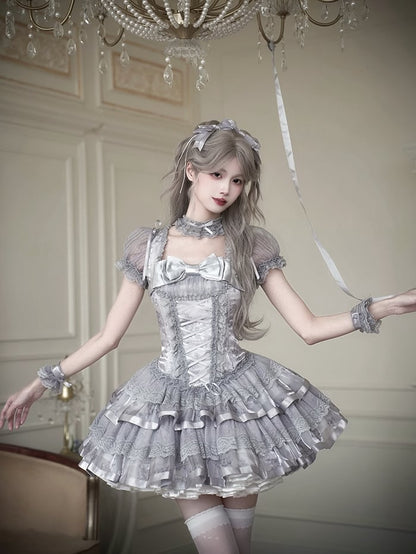 Silberne Ärmel Korsett Kitty Lolita Bunny Puff Grau und kurzes Kleid Print