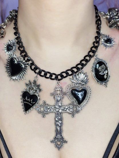 Herz Halskette Rot/Schwarz Y2K Kreuz Anhänger Floral Und