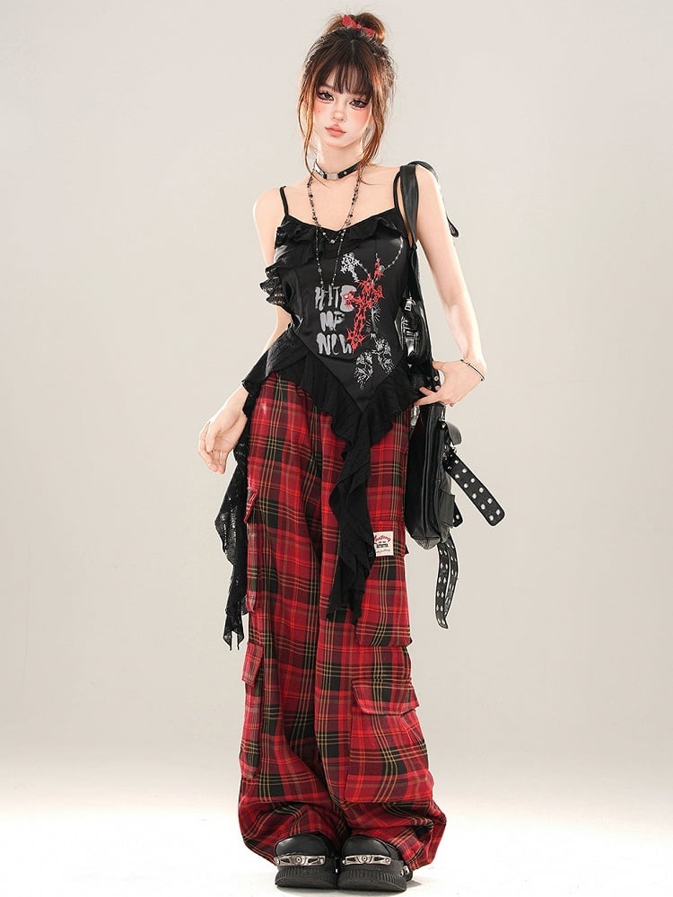 Black Cross Asymmetrical Flounce Hem Cami Top