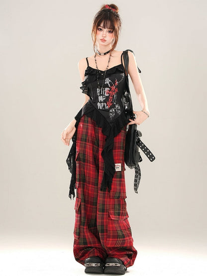 Black Cross Asymmetrical Flounce Hem Cami Top