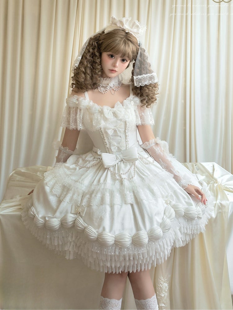 KC Lolita Full Dress Choker Mini Off Hat Cuffs Set + Shoulder Wrist Veil Hime White