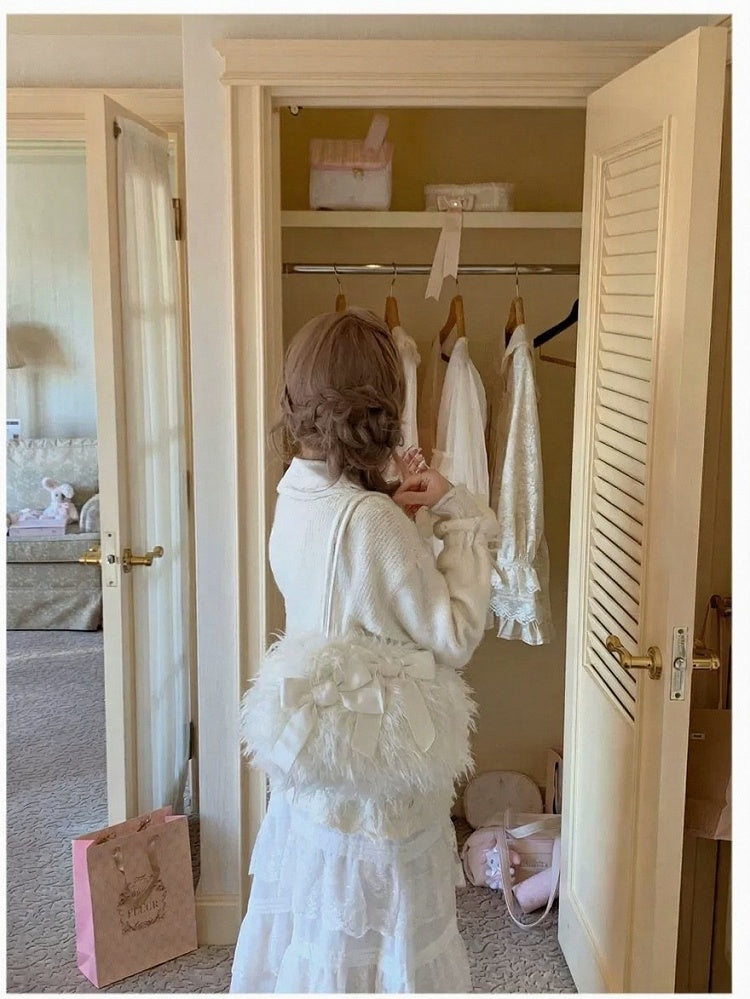 Elegant White Fluffy Bowknot Shoulder Bag - Lalacita