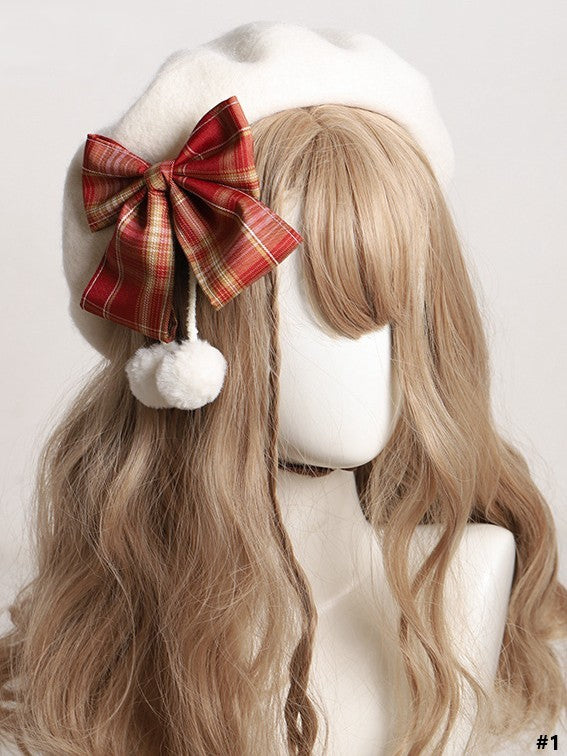14 Color Options Plaid Bow Beret with Pom-Pom Accents