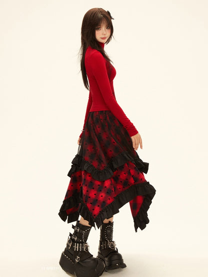Y2K Red Plaid Pattern Asymmetrical Ruffled Hem Skirt