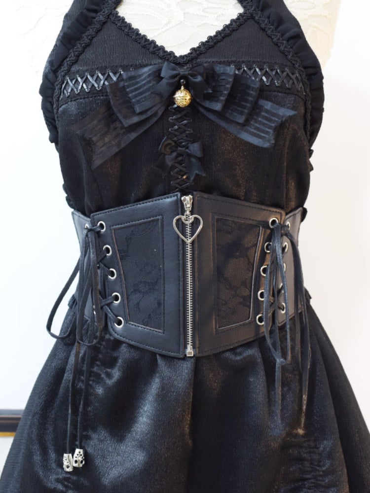 Gothic Schwarzer PU-Korsettgürtel mit Schnürung und Reißverschluss