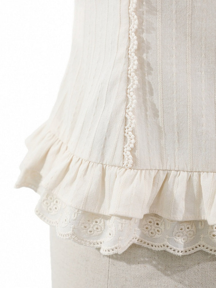 Beige Brown Bow Short-Sleeve Shirt with Ruffle Trim - Twin Bear Original Design