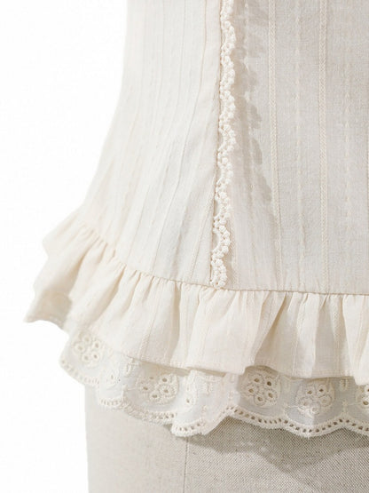 Beige Brown Bow Short-Sleeve Shirt with Ruffle Trim - Twin Bear Original Design