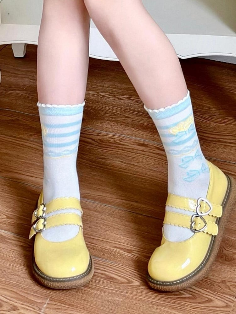 Blaue Rüschensocken Bowknot Print Lolita Lemon Trims Kalb süß