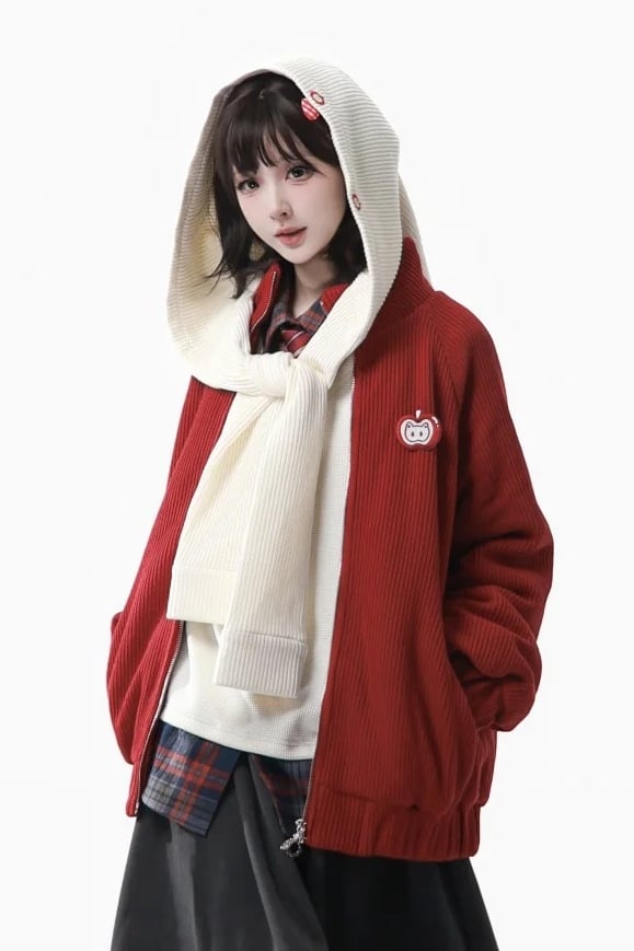 Red - Knit Patch Jacket Banded Brooch Apple Collar