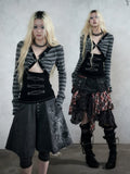 Black Striped V-Neck Hooded Knit Top with Long Sleeves & Faux Two-Piece Punk Style - NO ROMANCE