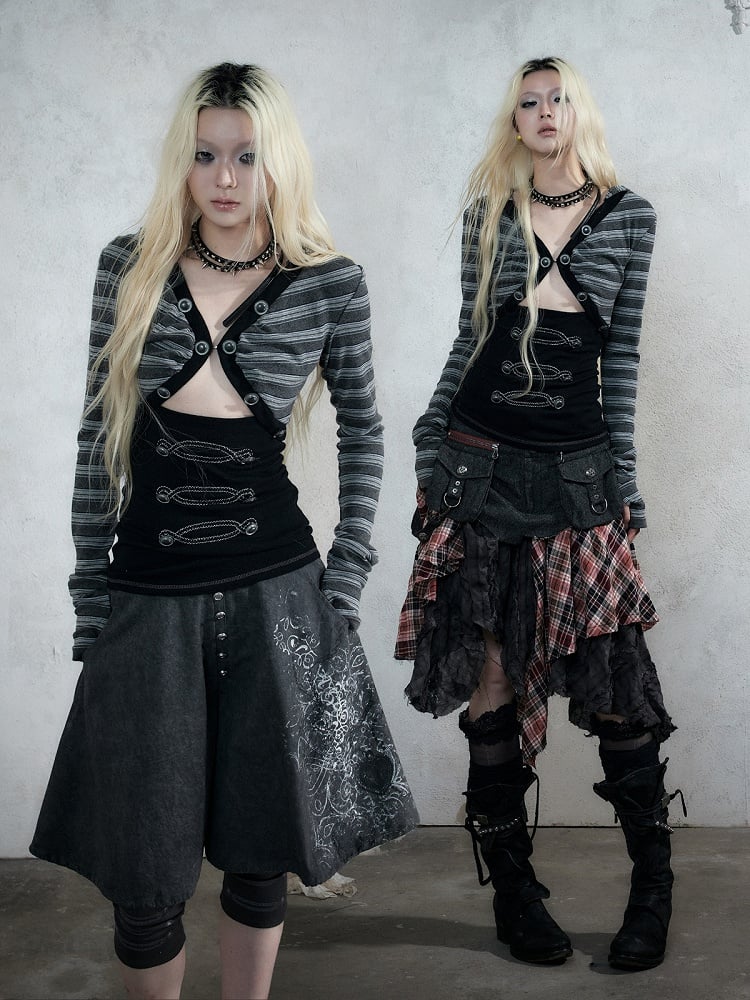 Black Striped V-Neck Hooded Knit Top with Long Sleeves & Faux Two-Piece Punk Style - NO ROMANCE