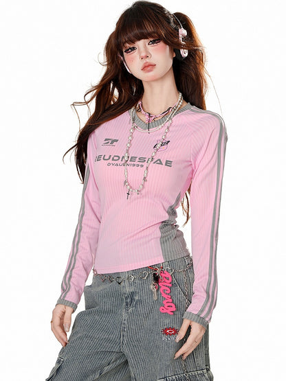 Pink/Black/Navy Blue Letters Print V-neck Striped Sports Top