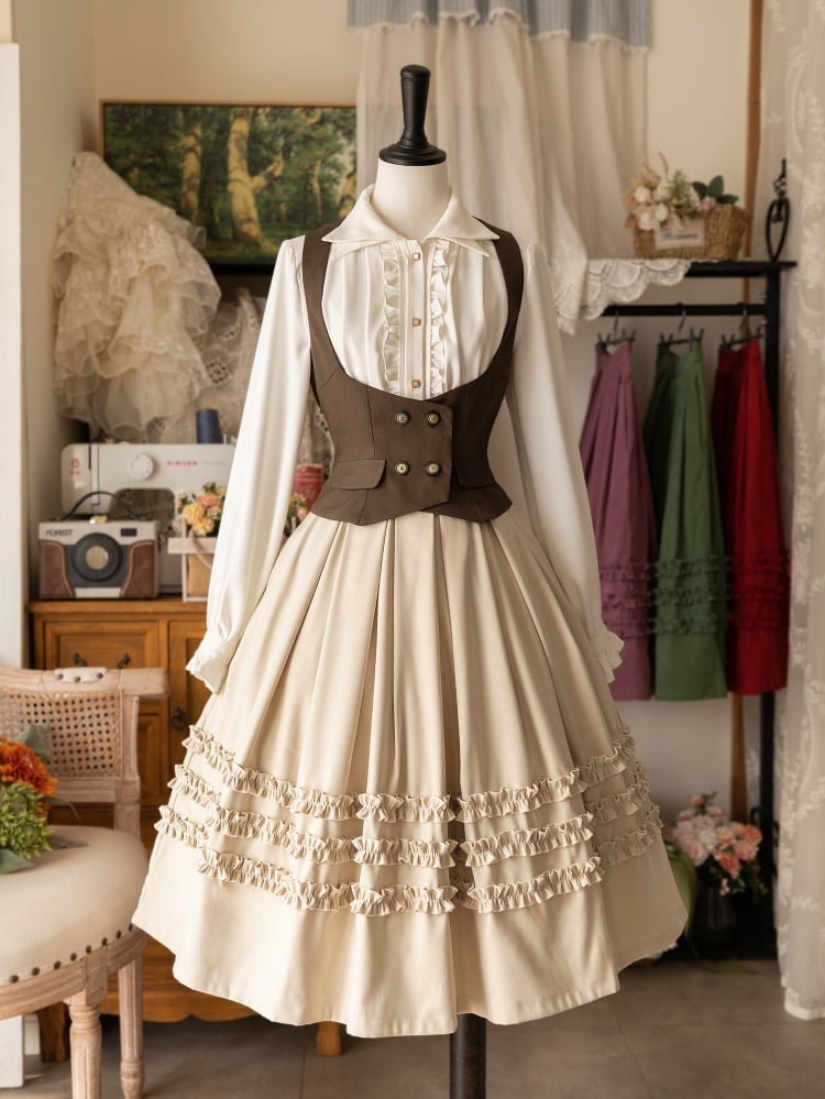 White Long-Sleeve Shirt with Double-Layered Pointed Collar