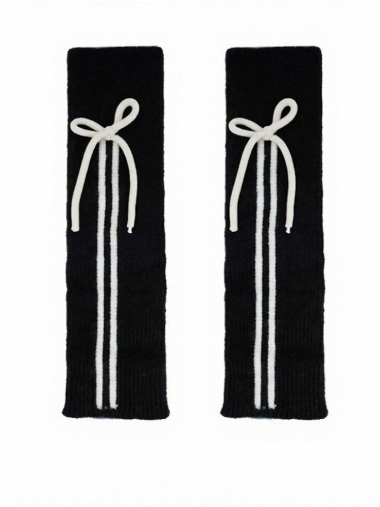Ribbed Leg Warmers with Stripe and Bow Decor - ModaSwings