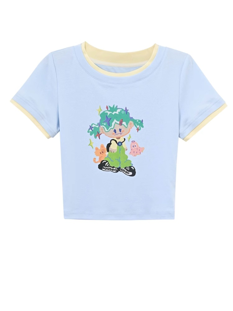 mit Halskette Cartoon Mädchen Print Blau Rundhals Cropped T-shirt Kostenlos