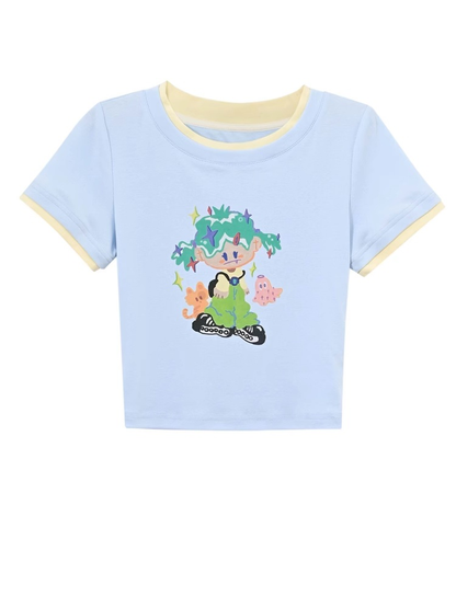 mit Halskette Cartoon Mädchen Print Blau Rundhals Cropped T-shirt Kostenlos