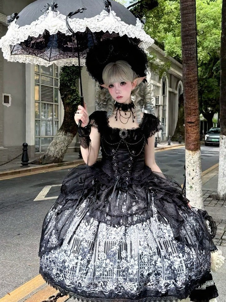 Black Gothic Square Neck JSK Dress with Train - Miss Han