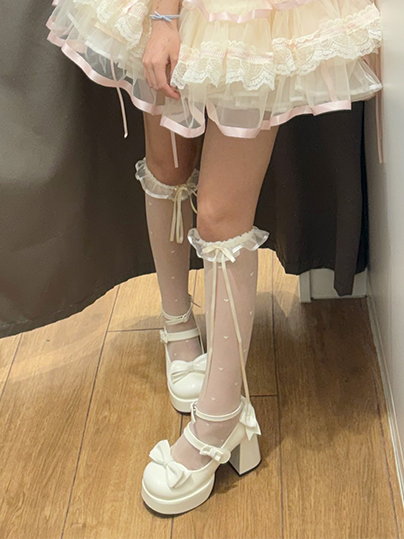 Weiße Lolita-Schuhe mit Schleife und Plateau und hohem Blockabsatz