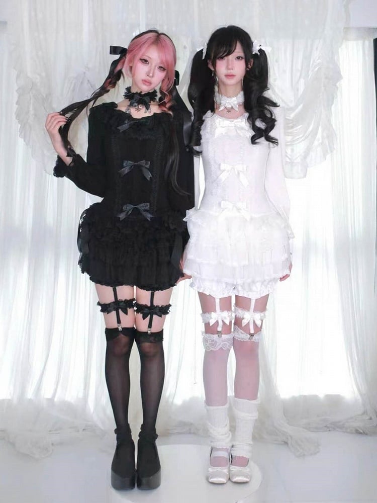 Long-Sleeved White Lace Bow-Embellished Blouse with Coordinating Choker - HBreaker