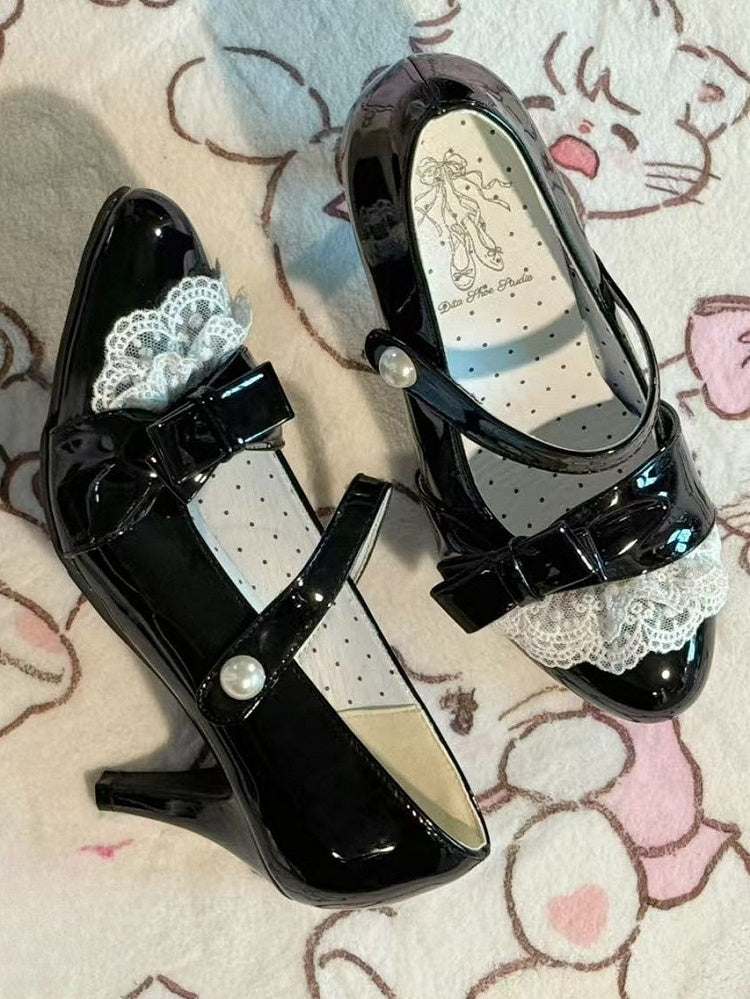 - Sweet Black PU Lace Trim Style Detachable Lolita in Leather Heels