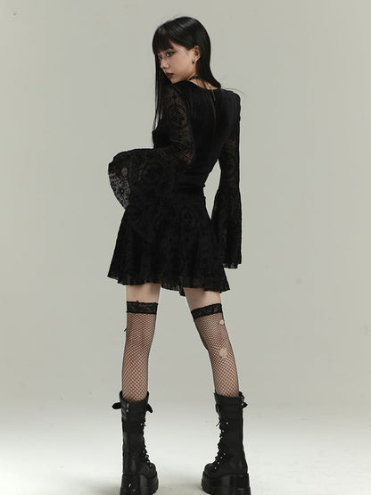 Gothic Black Lace Bell Sleeves Thigh-length Dress with Lace-up Detail