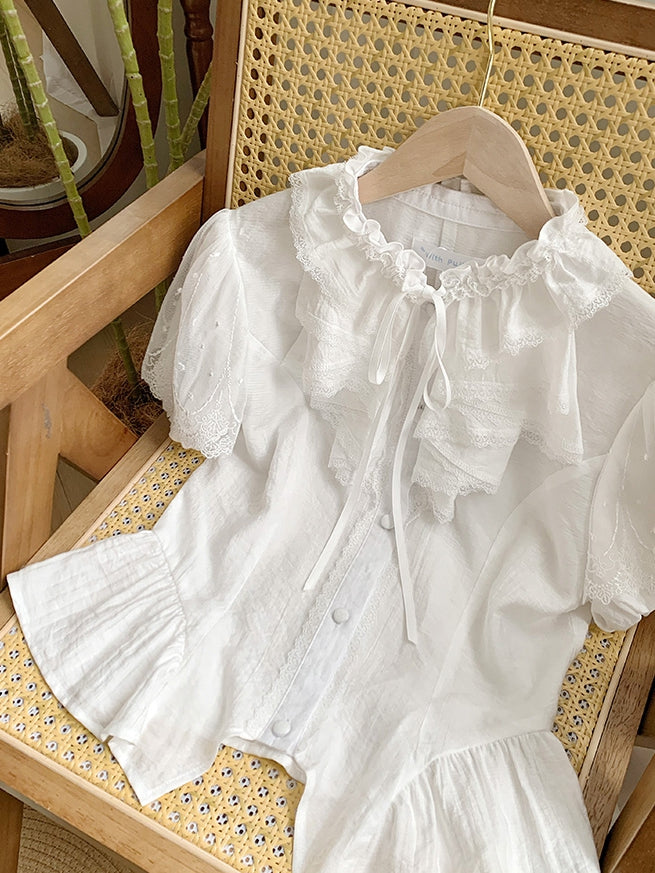 Breathable Comfortable White Puff Neckline Ruffle Short and Sleeves Shirt
