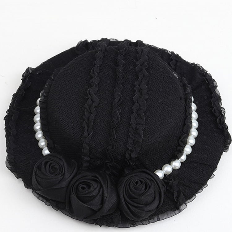 With Hat Mini Pearl Rose Lolita Black Clips