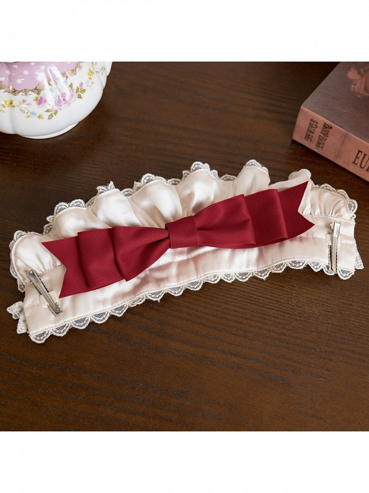 Red and Beige Lolita Bonnet Adorned with Bow Accents - With PUJI