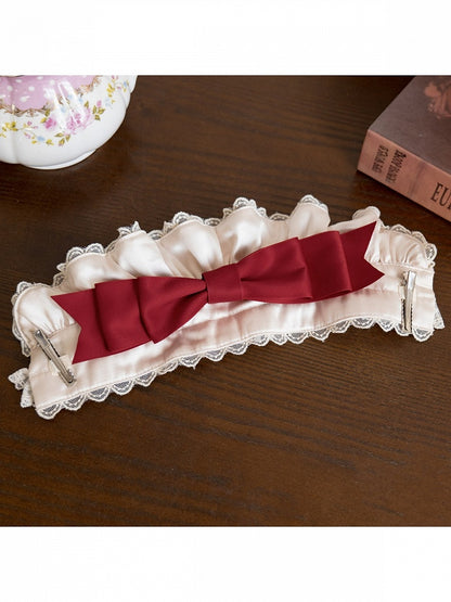 Red and Beige Lolita Bonnet Adorned with Bow Accents - With PUJI