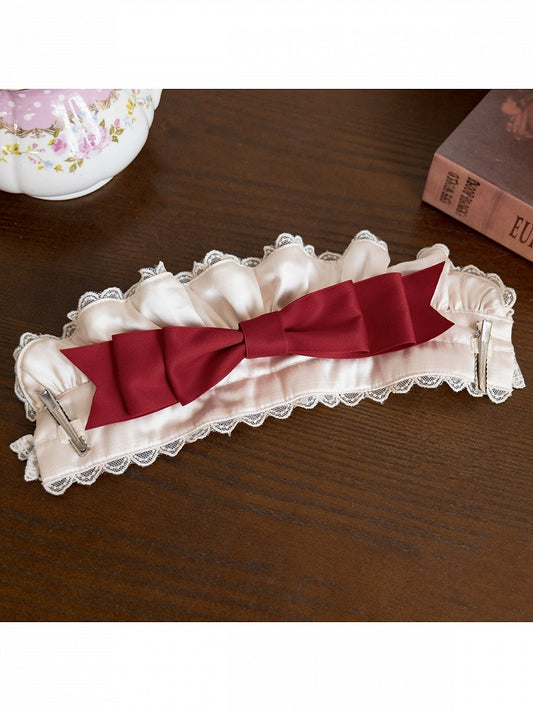 Red and Beige Lolita Bonnet Adorned with Bow Accents - With PUJI