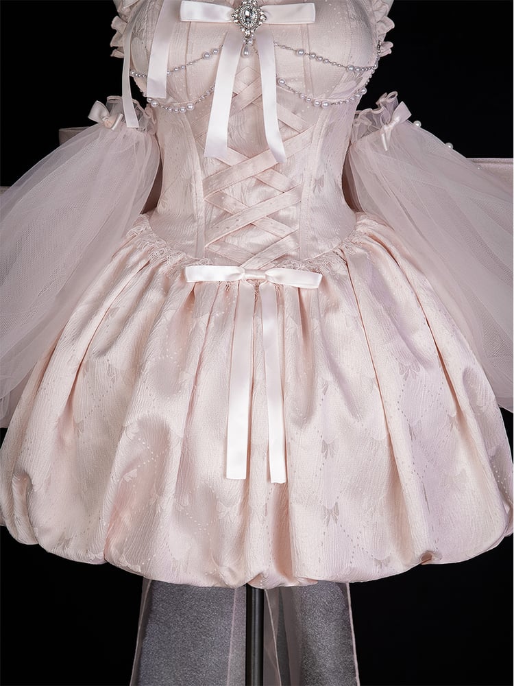 Princess Pink Bow Jacquard Ballet Train Dress + Big Sleeves Lolita Tulle Puff