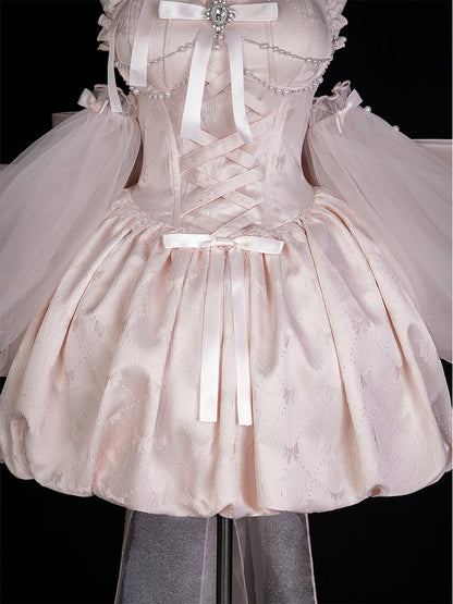 Princess Pink Bow Jacquard Ballet Train Dress + Big Sleeves Lolita Tulle Puff