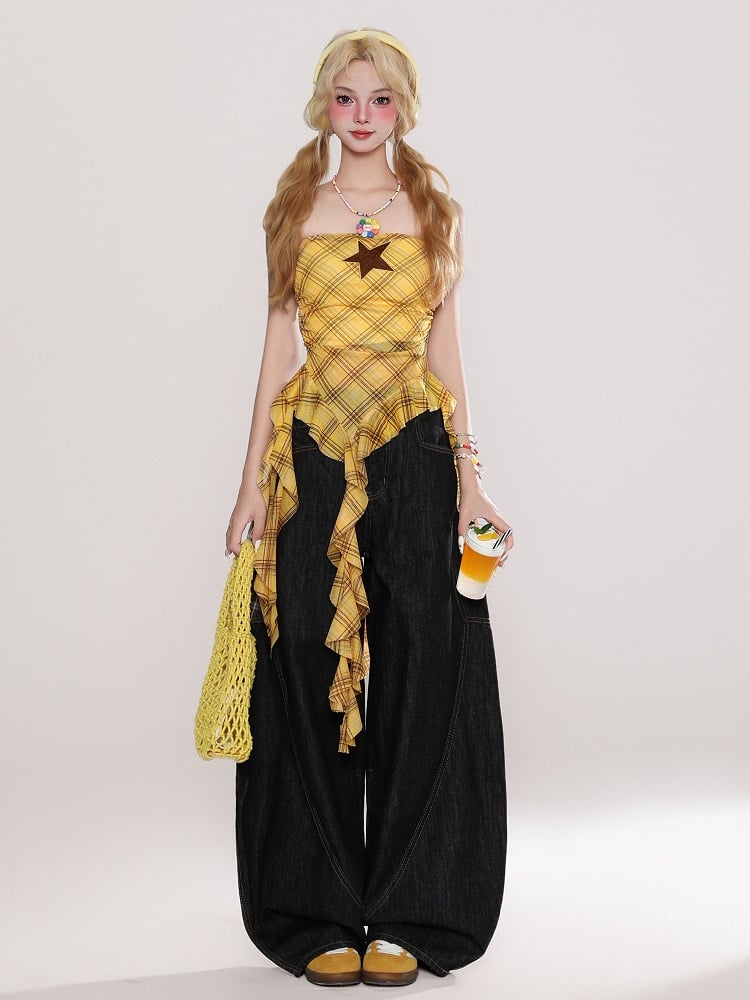 Yellow Plaid Strapless Top with Star Accent and Cascading Ruffle Hem