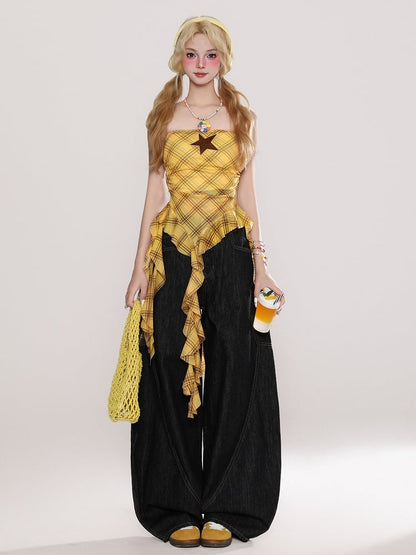Yellow Plaid Strapless Top with Star Accent and Cascading Ruffle Hem
