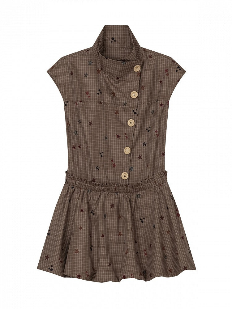 Coffee Two-Piece Short Sleeve Dress with Star and Plaid Pattern