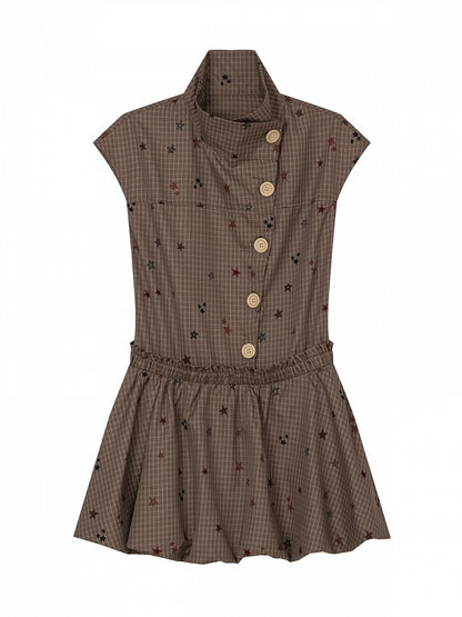 Coffee Two-Piece Short Sleeve Dress with Star and Plaid Pattern
