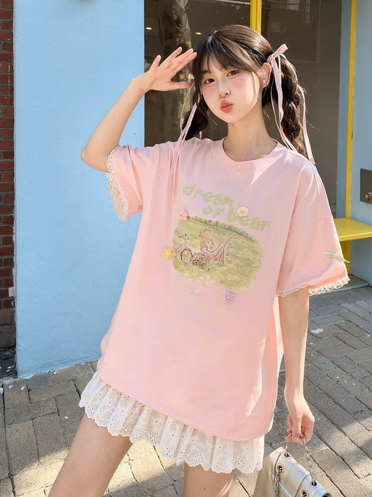 Embroidery Bear Pink Round Neck Oil Painting Letter Print Sweet T-Shirt
