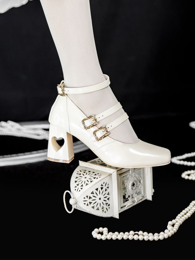- with Heart Straps Mid Elegant Heels Cutout White PU Lolita Buckle Triple Heel Leather