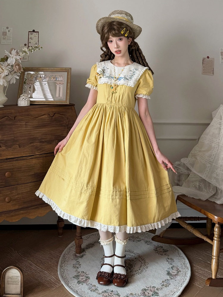 Yellow Floral Cotton OP Dress with Detachable Apron