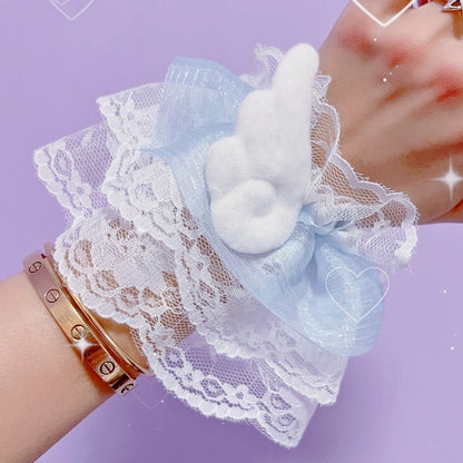 Decorated Plush Cuffs Wrist Wing Jirai Blue/Pink Lace Trim Kei